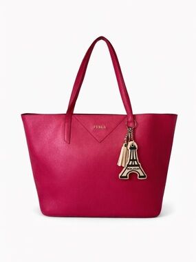FURLA  Pink Leather Tote Bag with Eiffel Tower Charm Leopard Print Interior